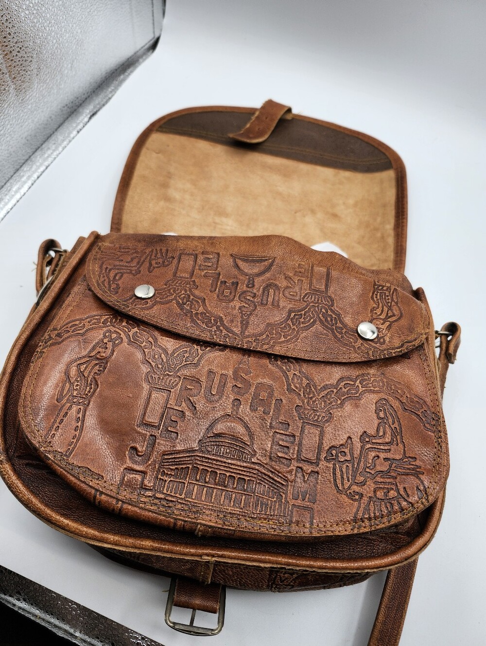 Jerusalem Embossed Leather Crossbody Vintage Bag Brown Handmade Handtooled - Picture 7 of 9